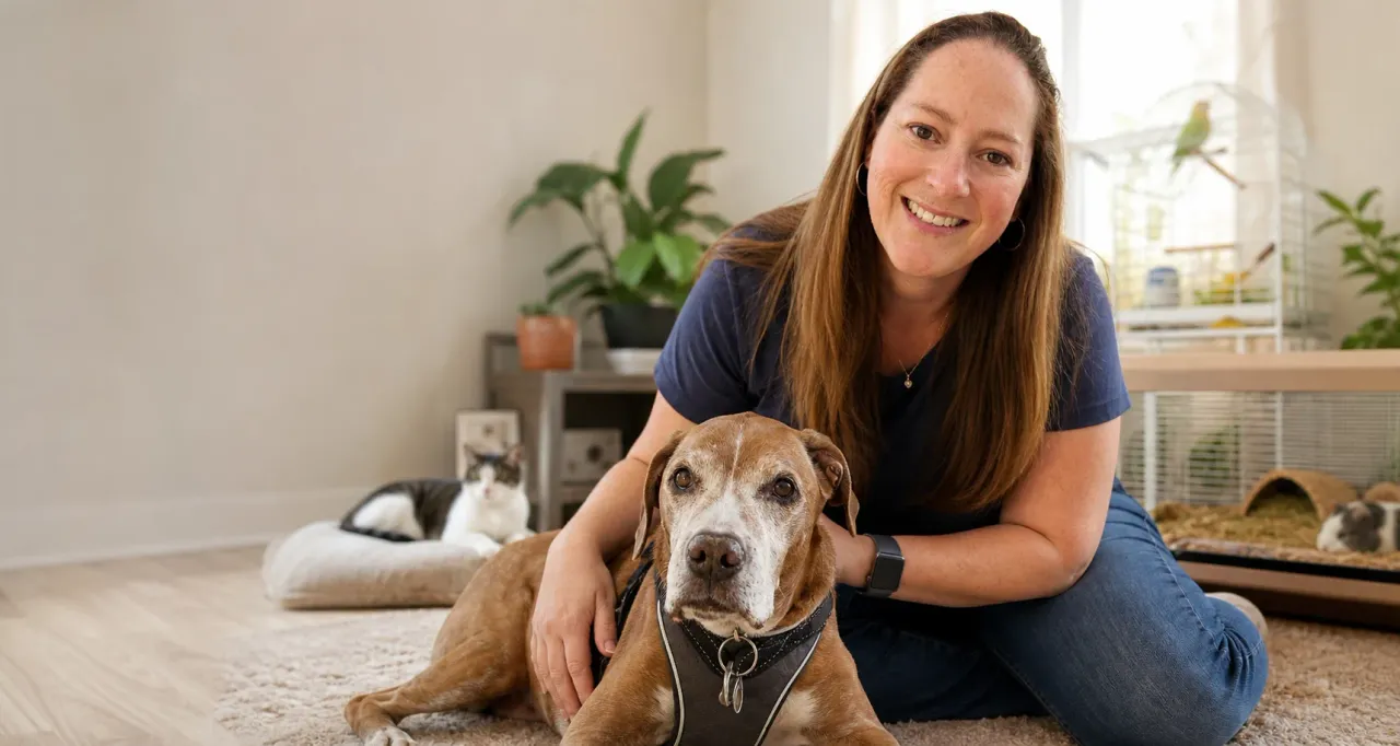 A Pawsitive Pet Care caregiver gently sitting with a senior dog in a calm home.