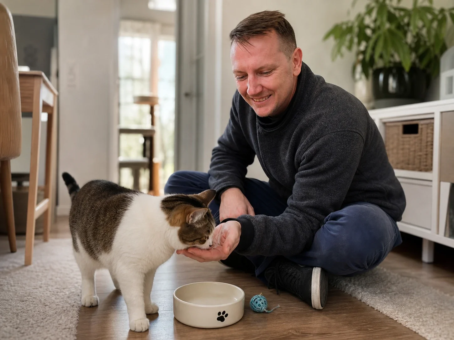 A Pawsitive Pet Care sitter visiting a cat at home during a drop-in.
