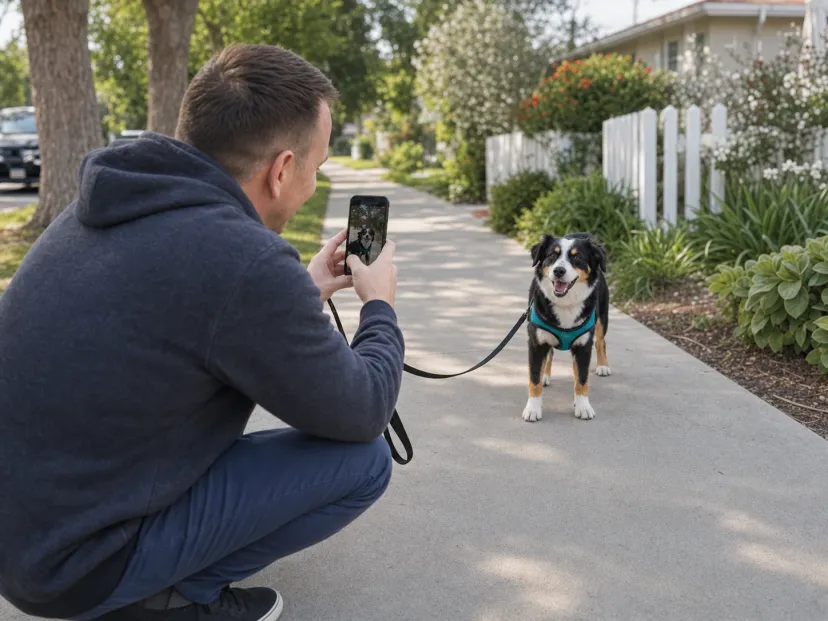 Justin taking a photo update of a happy dog during a neighborhood walk.