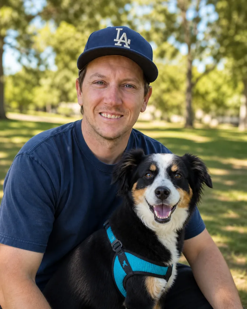 Justin smiling outdoors with a black-and-white dog.