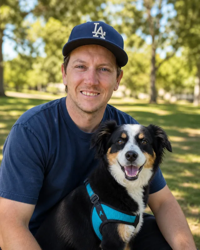 Justin smiling outdoors with a black-and-white dog.