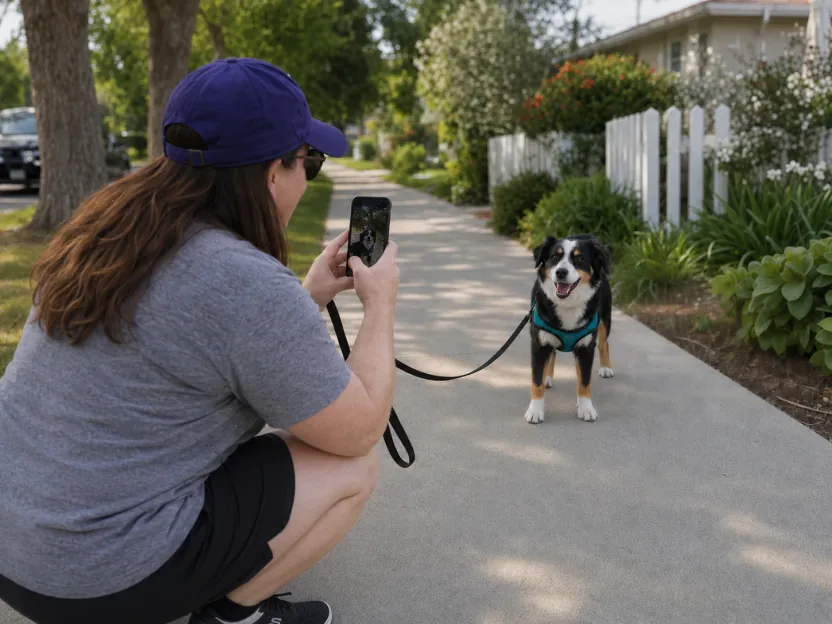 Kristen photographing a happy dog on a sunny sidewalk to send a walk update.