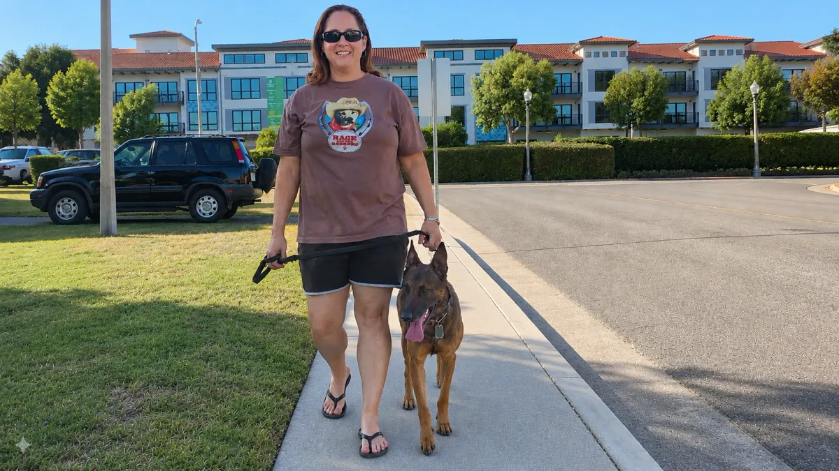 Kristen walking a brown shepherd mix on a sunny neighborhood sidewalk.