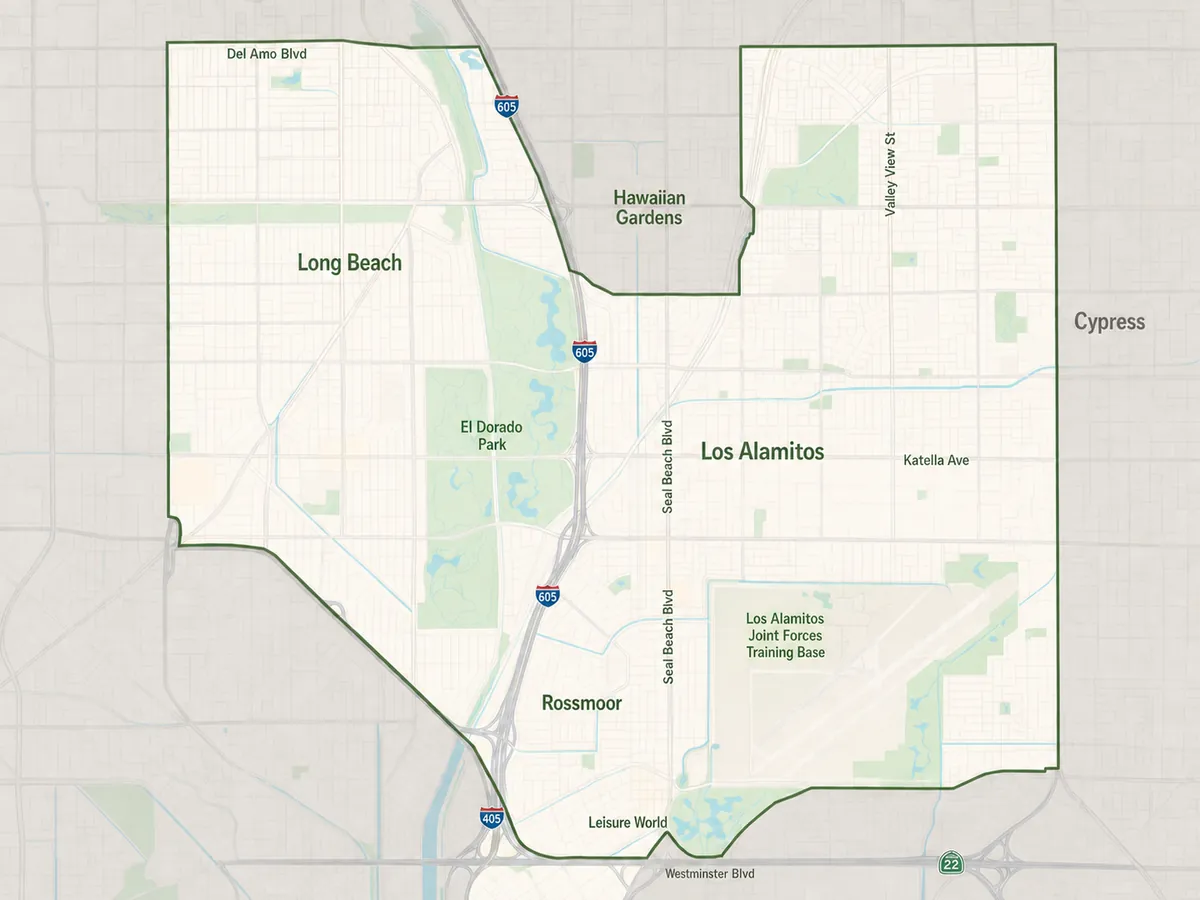 Map showing Pawsitive Pet Care's service area around Los Alamitos, Rossmoor, Cypress, and nearby Long Beach