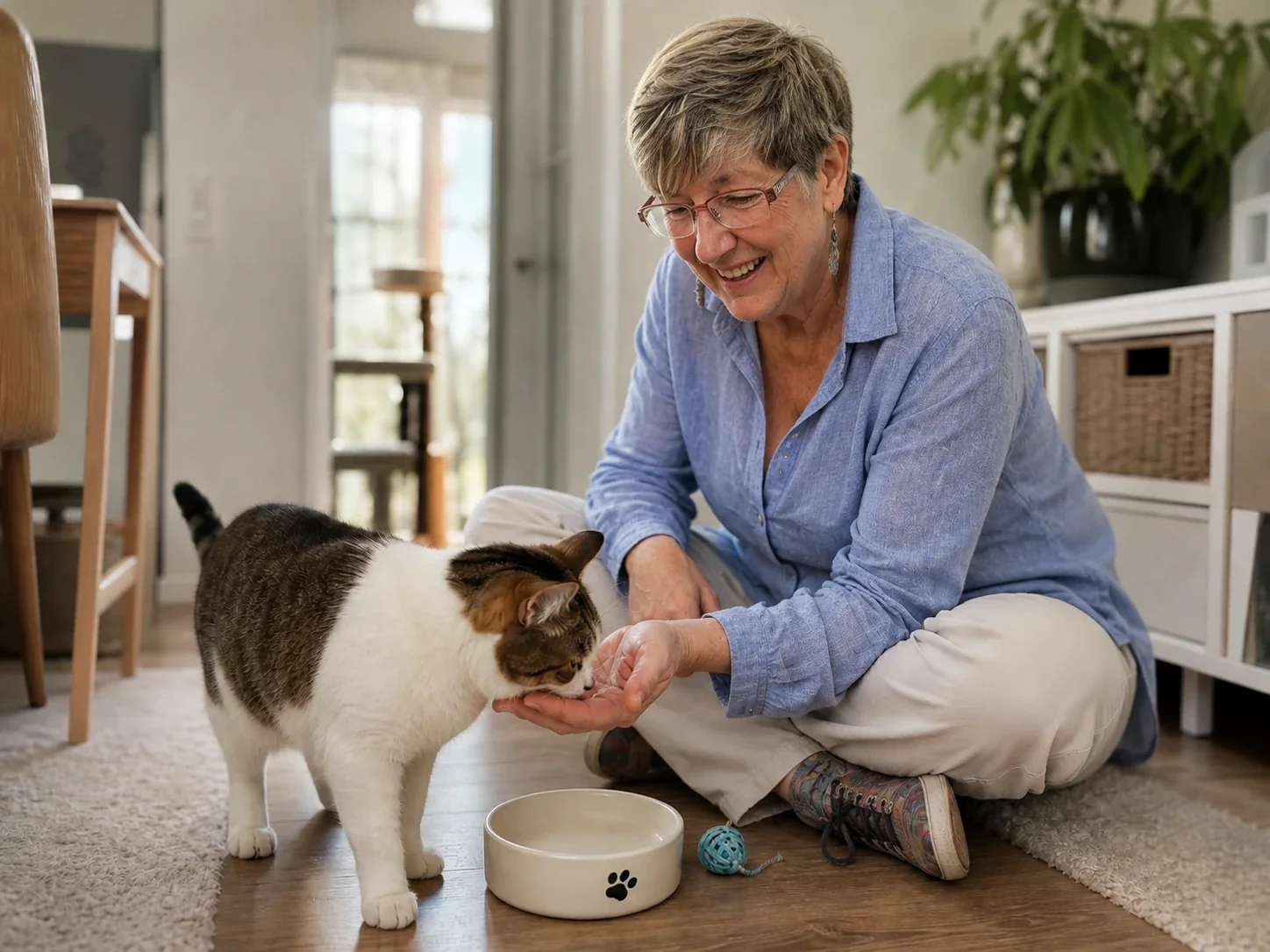 A Pawsitive Pet Care sitter visiting a cat at home during a drop-in.