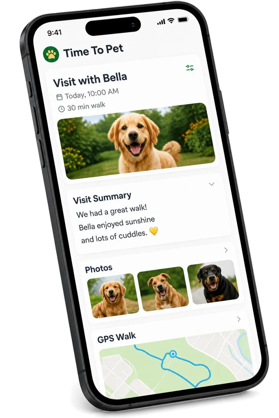 A Time To Pet app update screen showing a visit summary, photos, and GPS walk notes.